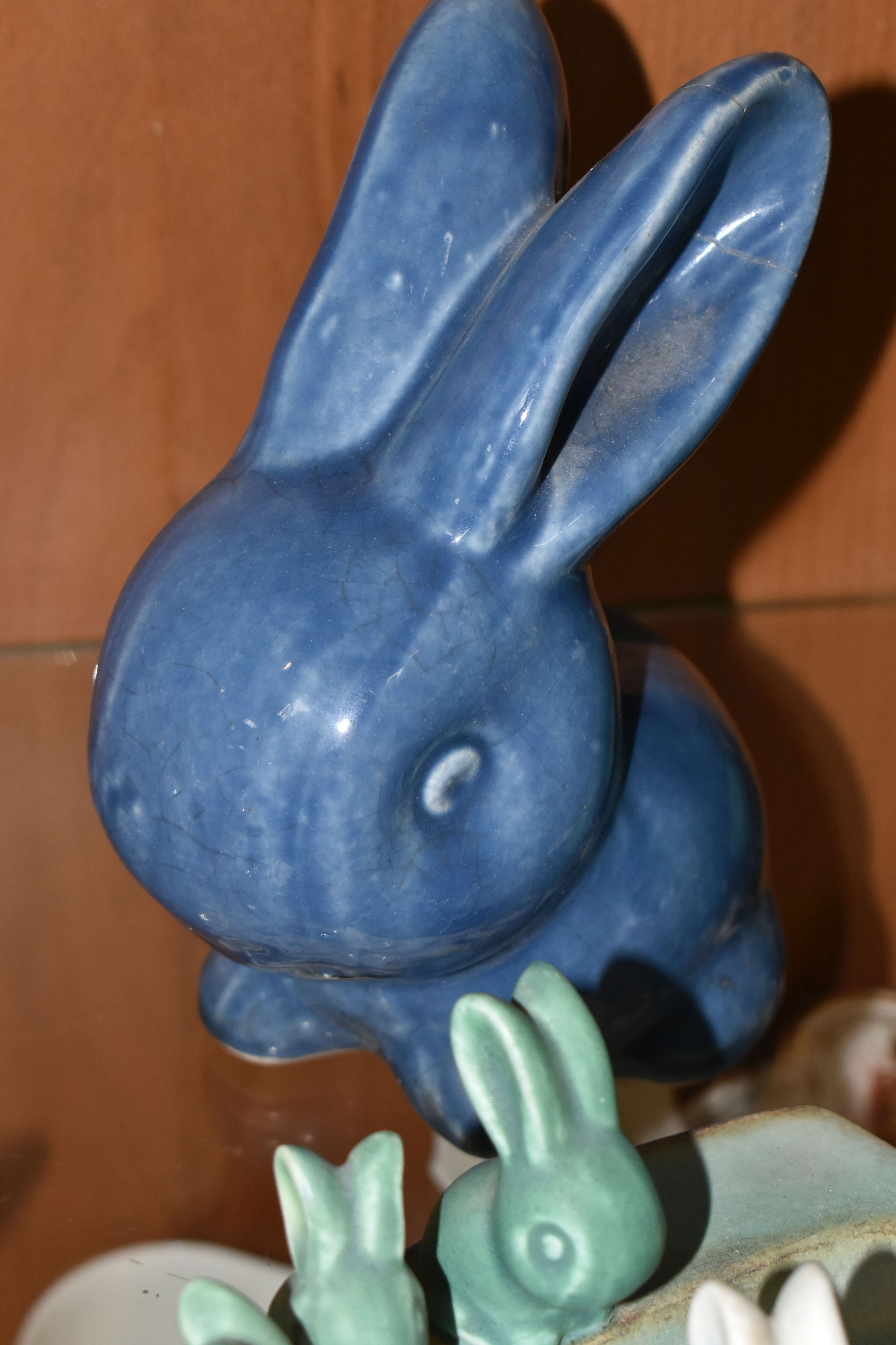 A GROUP OF BOURNE DENBY RABBITS, comprising a very large Marmaduke green snub nose rabbit (badly - Image 4 of 7
