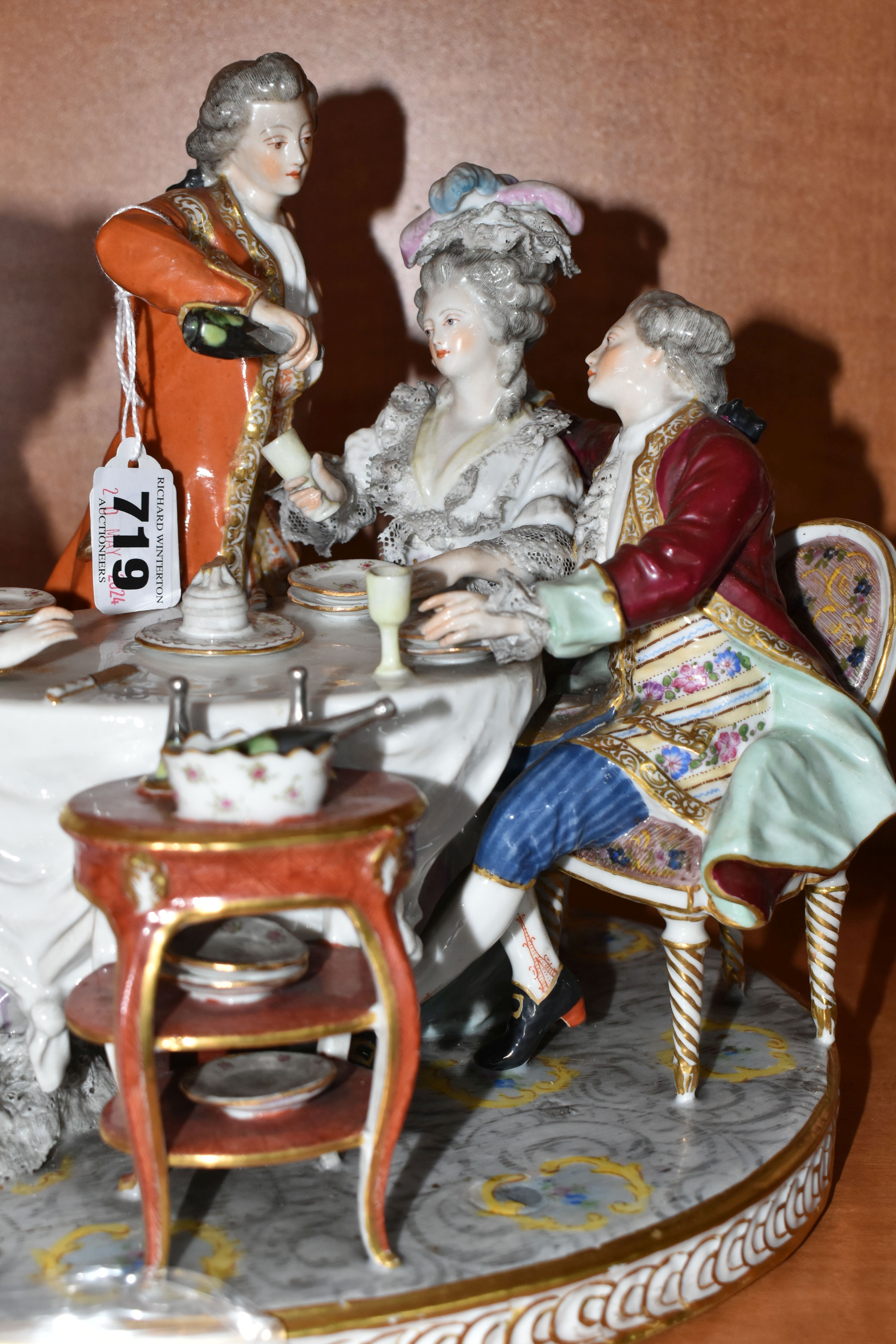 A 19TH CENTURY PARIS PORCELAIN FIGURE GROUP OF FIVE 18TH CENTURY FIGURES AROUND A DINING TABLE, with - Image 2 of 9