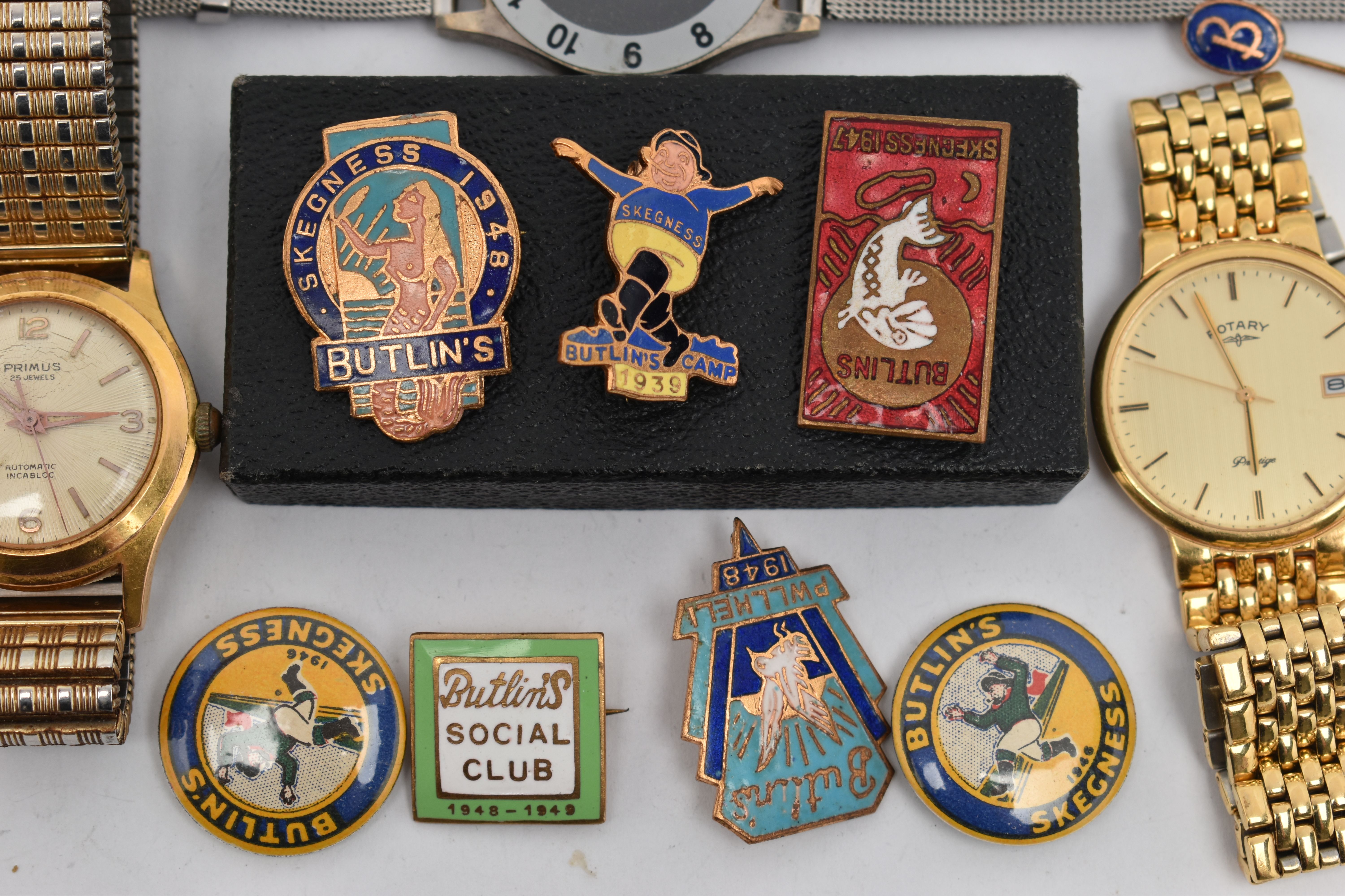 A COLLECTION OF 'BUTLINS' PINS AND ASSORTED WATCHES, eight Butlins pins and badges, dated between - Image 3 of 5
