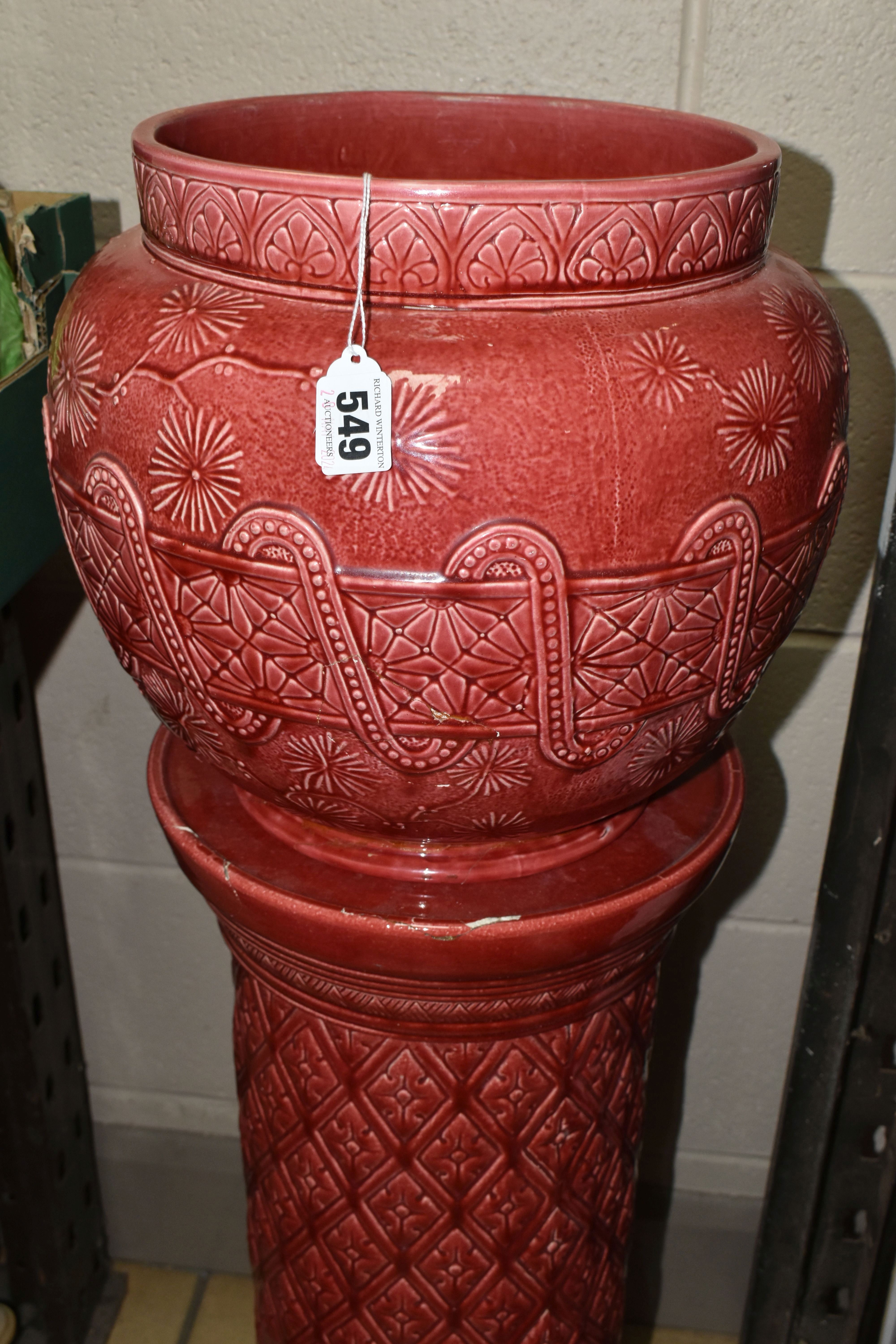 A LARGE RED BURMANTOFT JARDINIERE AND A SIMILAR COLOURED STAND, impressed marks to the base of the - Image 2 of 9