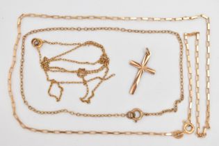 THREE CHAINS AND A CROSS PENDANT, the first a box link chain with spring clasp, hallmarked 9ct