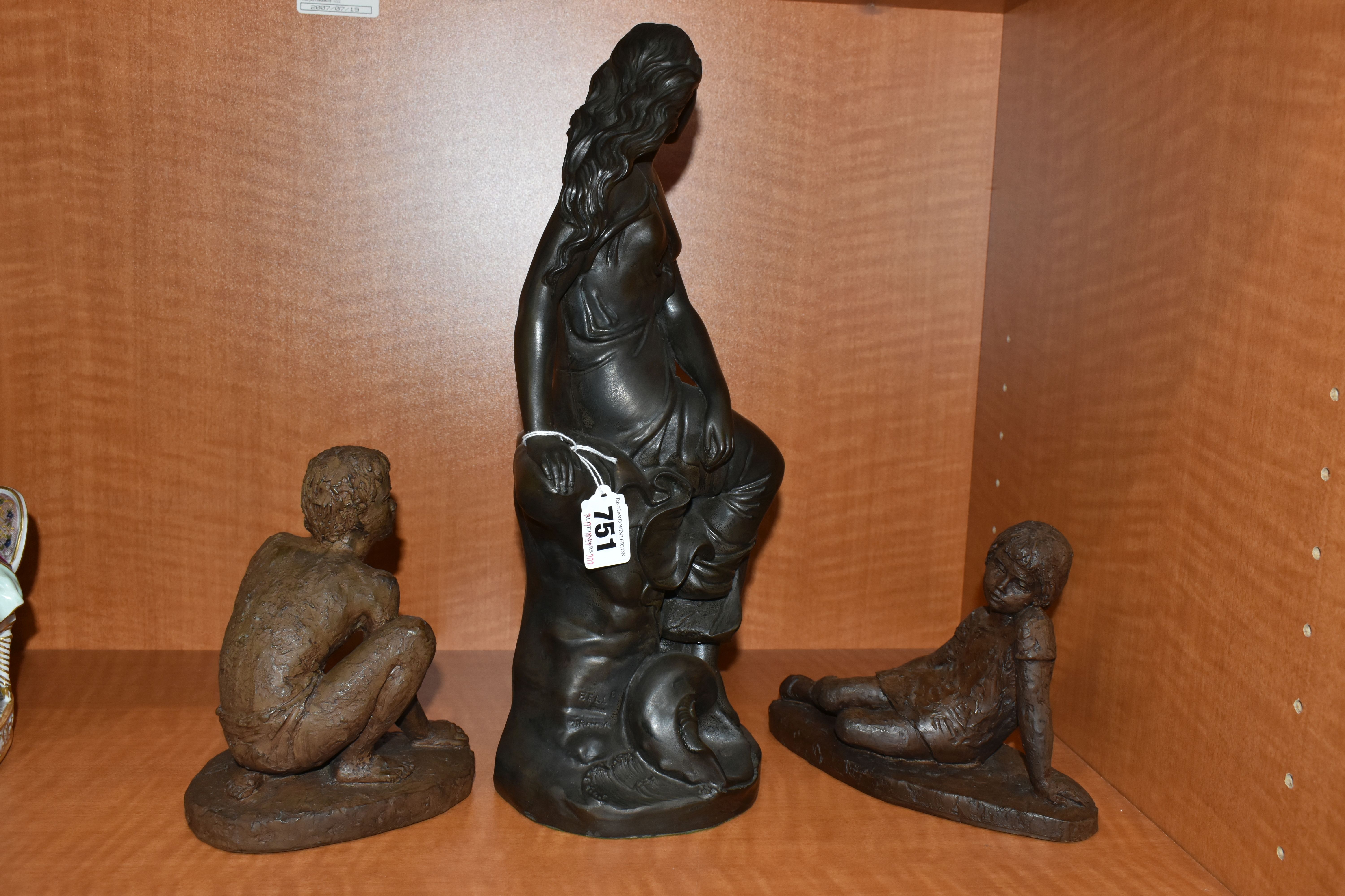 A BRONZED RESIN MODEL OF A SCANTILY CLAD SEATED CLASSICAL FEMALE AND TWO KARIN JONZEN BRONZED - Image 9 of 15