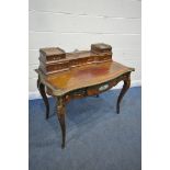 A VICTORIAN BURR WALNUT AND ROSEWOOD CROSSBANDED LADIES WRITING TABLE, with gilt brass mounts, the