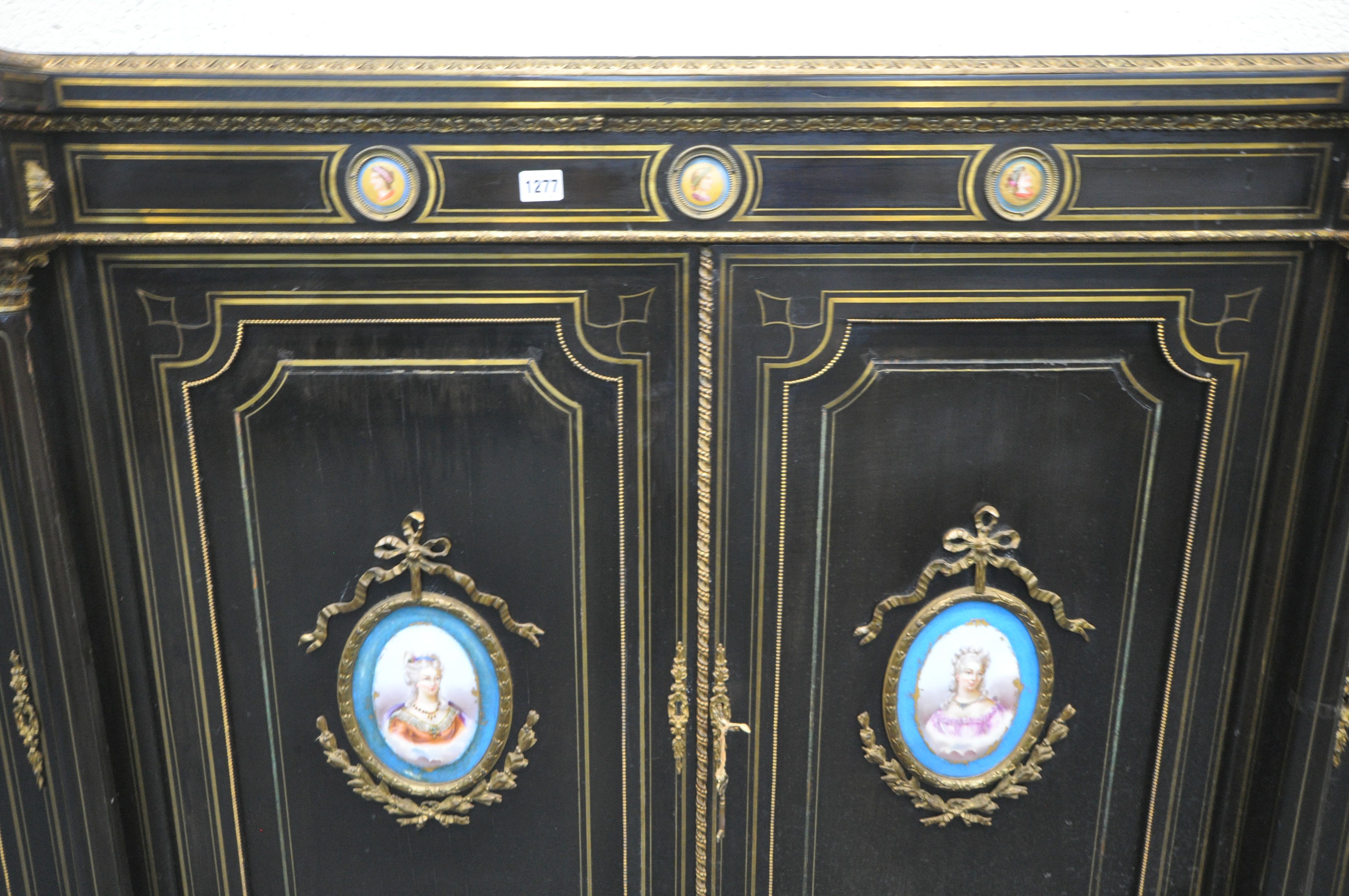 A 19TH CENTURY EBONISED AND GILT BRASS CREDENZA, with four moulded tops supporting Corinthian - Image 4 of 7