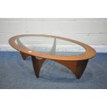 A MID CENTURY G PLAN ASTRO OVAL COFFEE TABLE, with a glass insert, width 122cm x depth 66cm x height