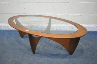 A MID CENTURY G PLAN ASTRO OVAL COFFEE TABLE, with a glass insert, width 122cm x depth 66cm x height