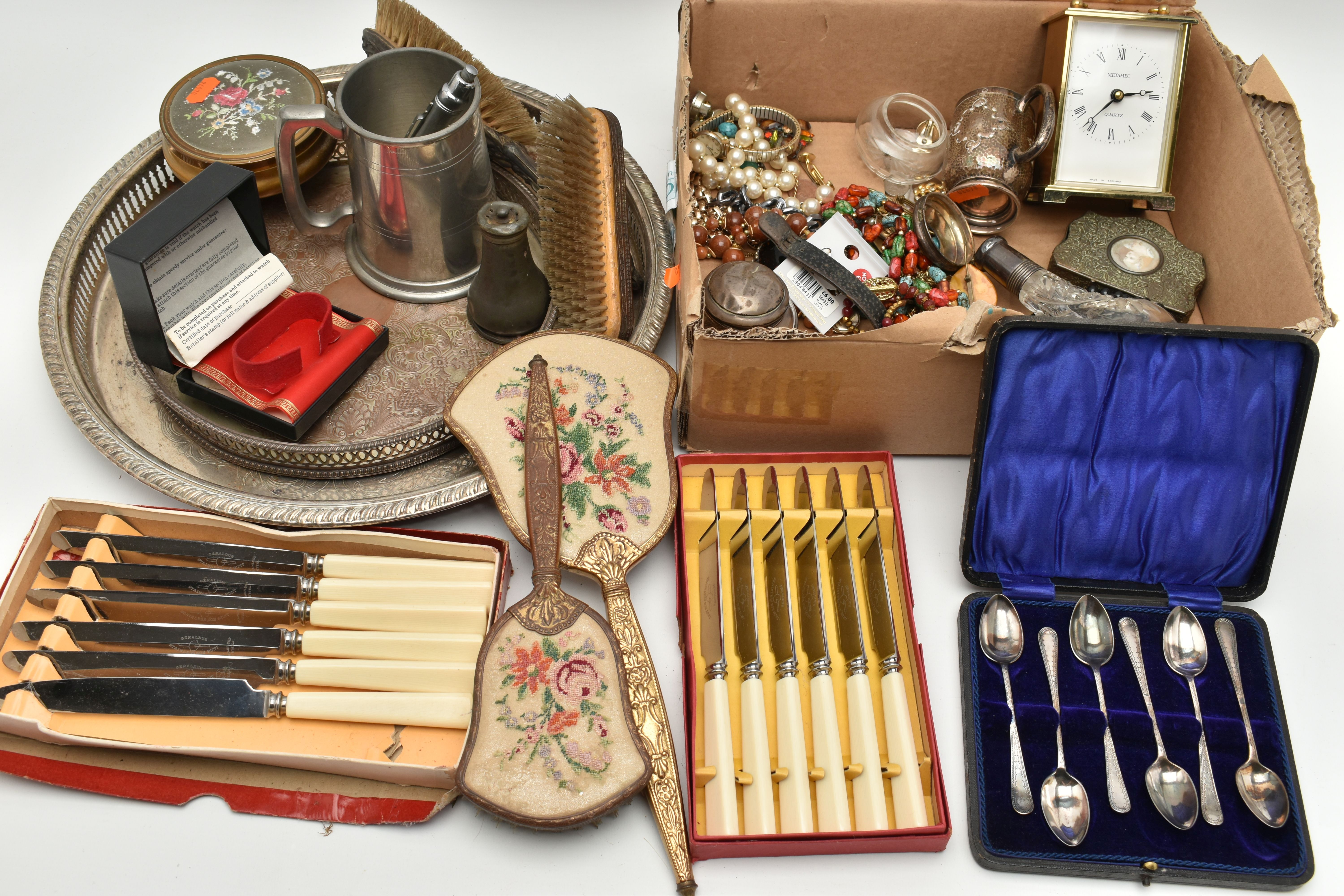 A BOX OF ASSORTED ITEMS, to include a cased set of six silver teaspoons, each hallmarked 'C T