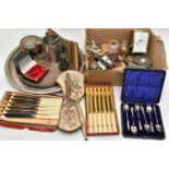 A BOX OF ASSORTED ITEMS, to include a cased set of six silver teaspoons, each hallmarked 'C T