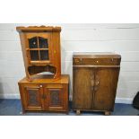 AN OAK TWO DOOR CUPBOARD, with carved foliate panels, width 100cm x depth 49cm x height 75cm,