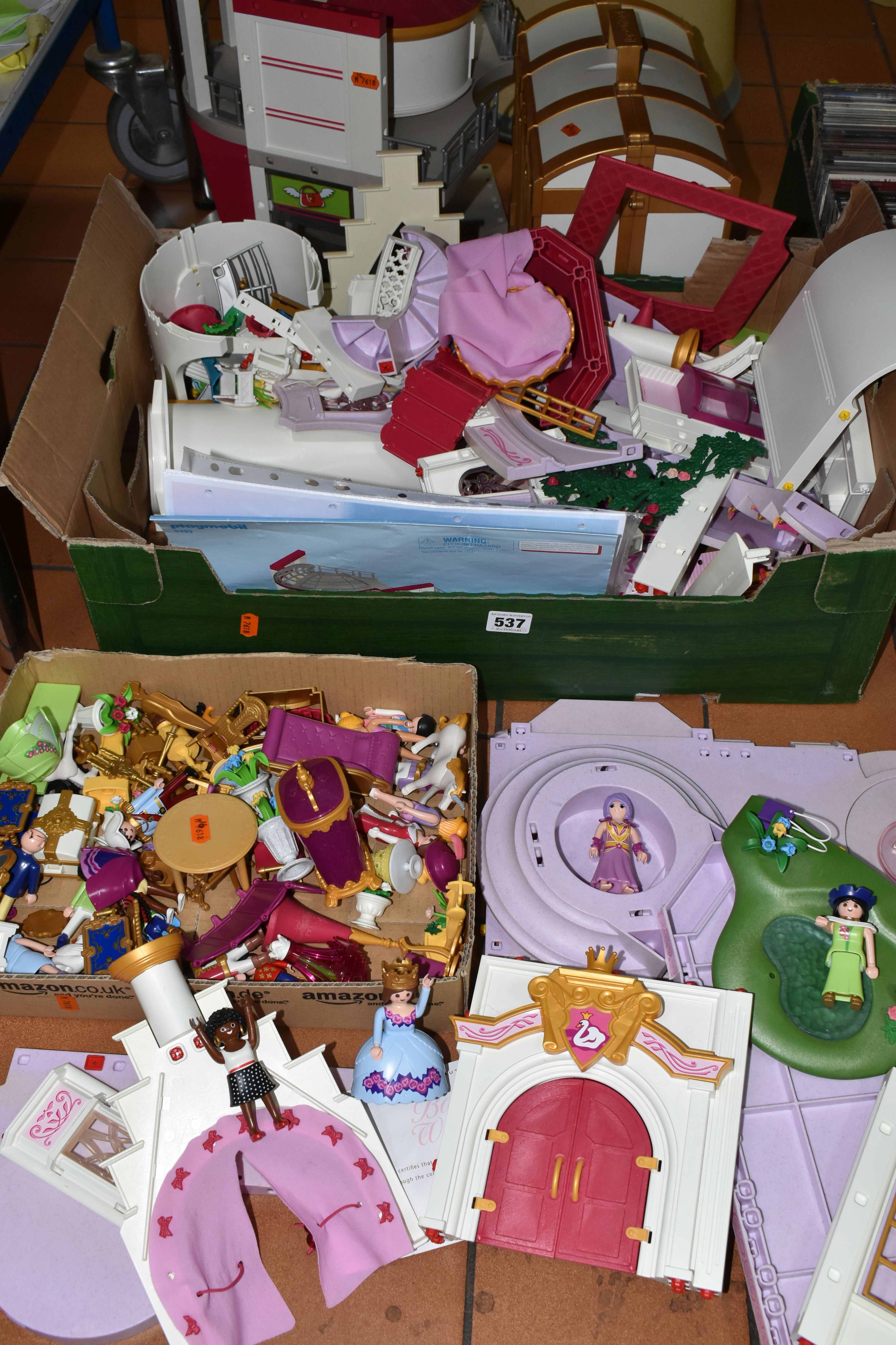 TWO BOXES AND LOOSE PLAYMOBIL TOYS, modern, to include figures and playsets, including fairytale
