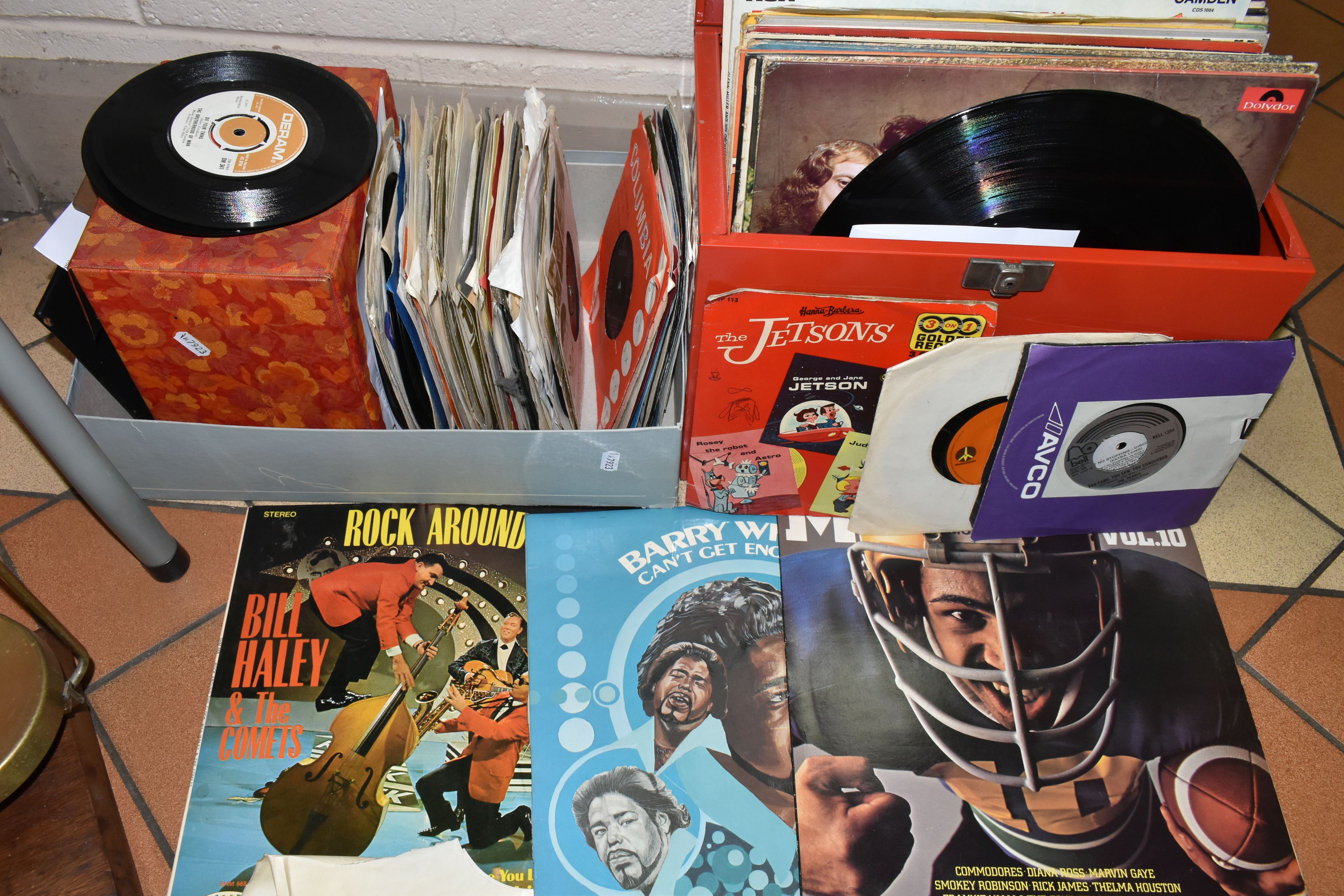 ONE BOX OF SINGLE 45RPM RECORDS AND A CASE OF L.P RECORDS, approximately seventy singles, artists