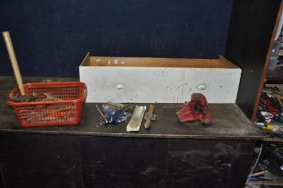 A DRAWER CONTAINING TOOLS including a Record Floor board clamp, a Record Marples RM2075 vice, a No