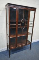 AN EARLY 20TH CENTURY MAHOGANY SINGLE DOOR DISPLAY CABINET, enclosing three shelves, on square