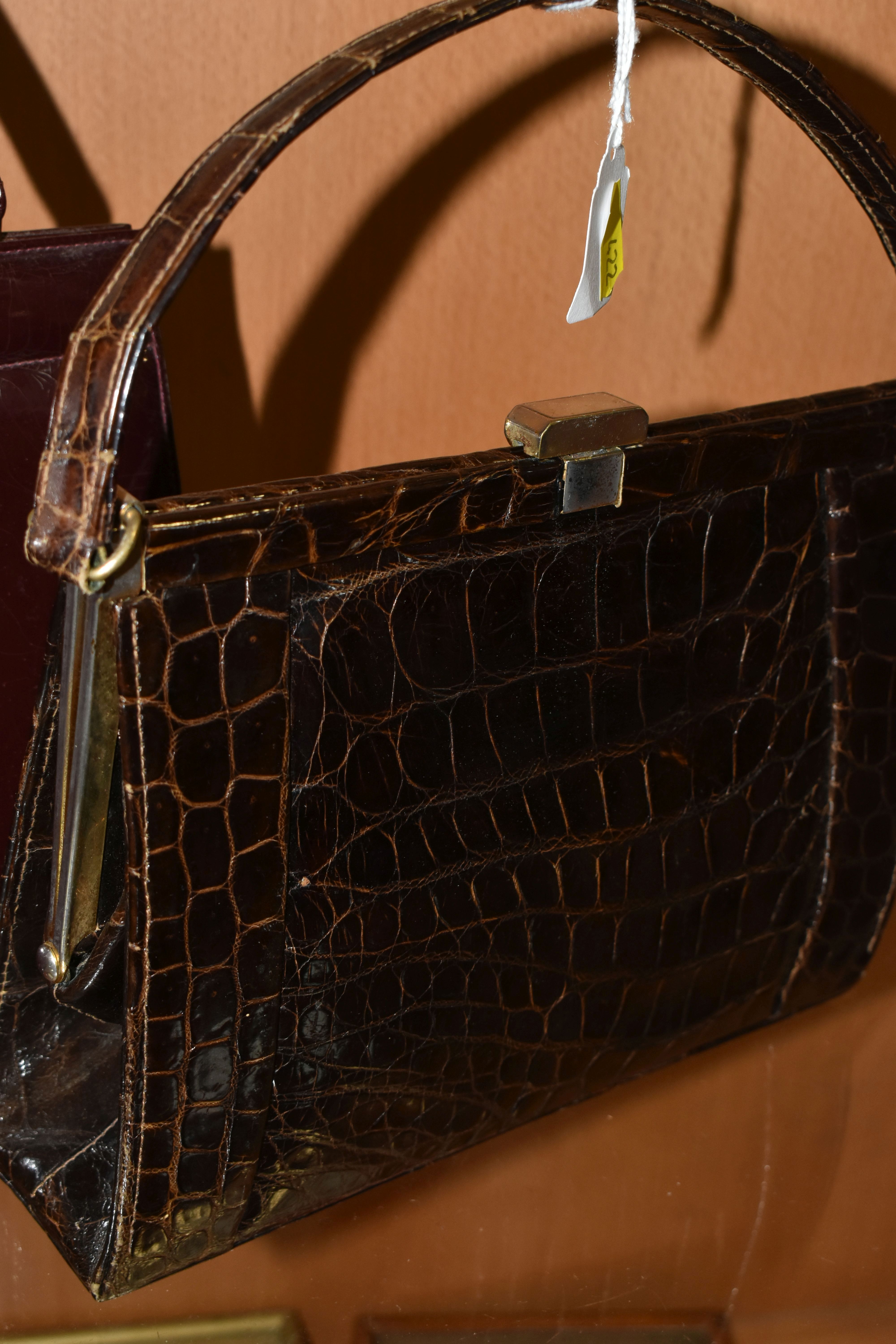 THREE LADIES' VINTAGE HANDBAGS, comprising a brown French faux Croc bag, a claret patent leather - Image 2 of 12