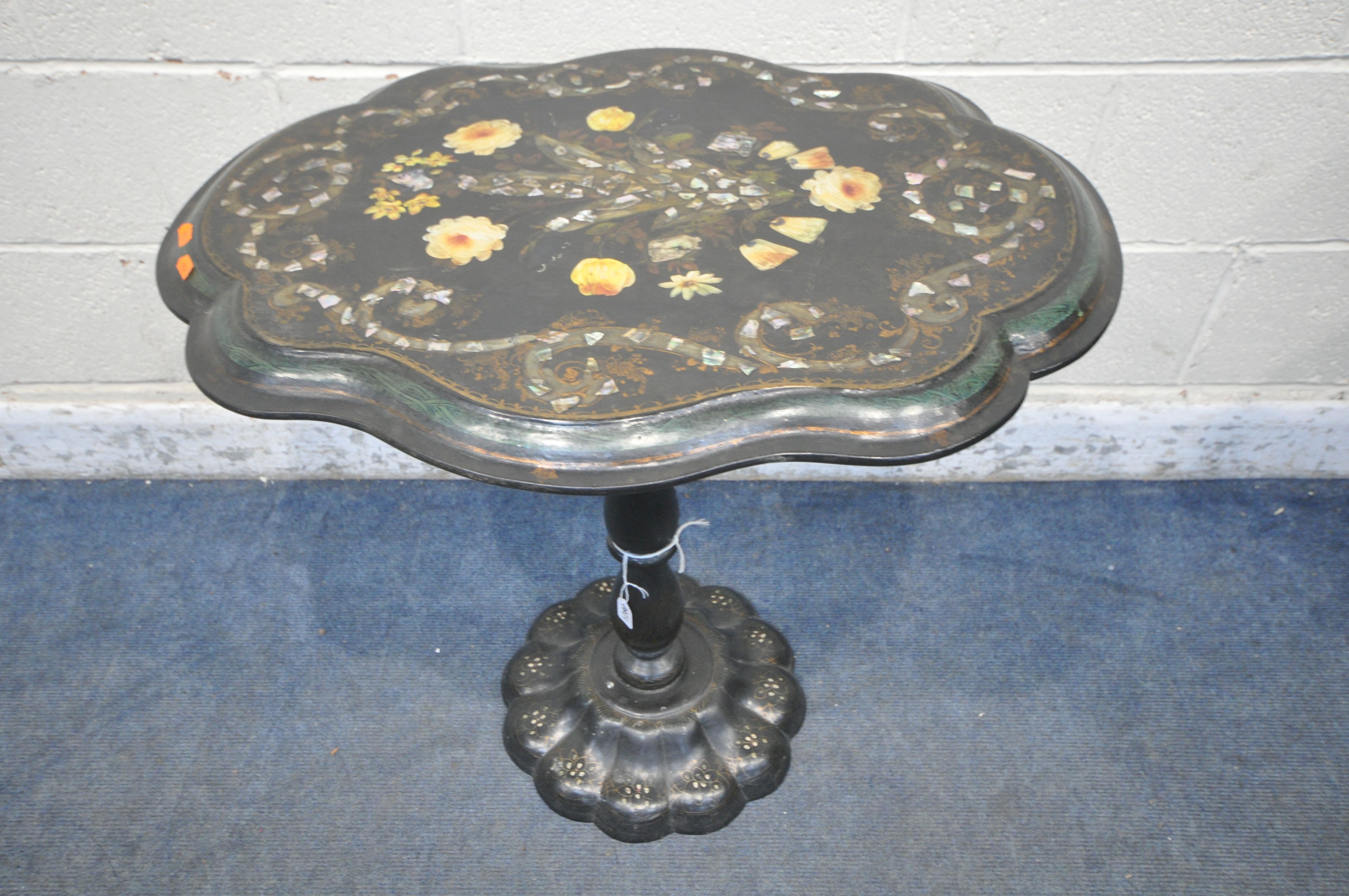 A VICTORIAN EBONISED, PARCEL GILT PAPIER MACHE AND MOTHER OF PEARL TRIPOD TABLE, late 19th