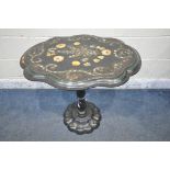 A VICTORIAN EBONISED, PARCEL GILT PAPIER MACHE AND MOTHER OF PEARL TRIPOD TABLE, late 19th