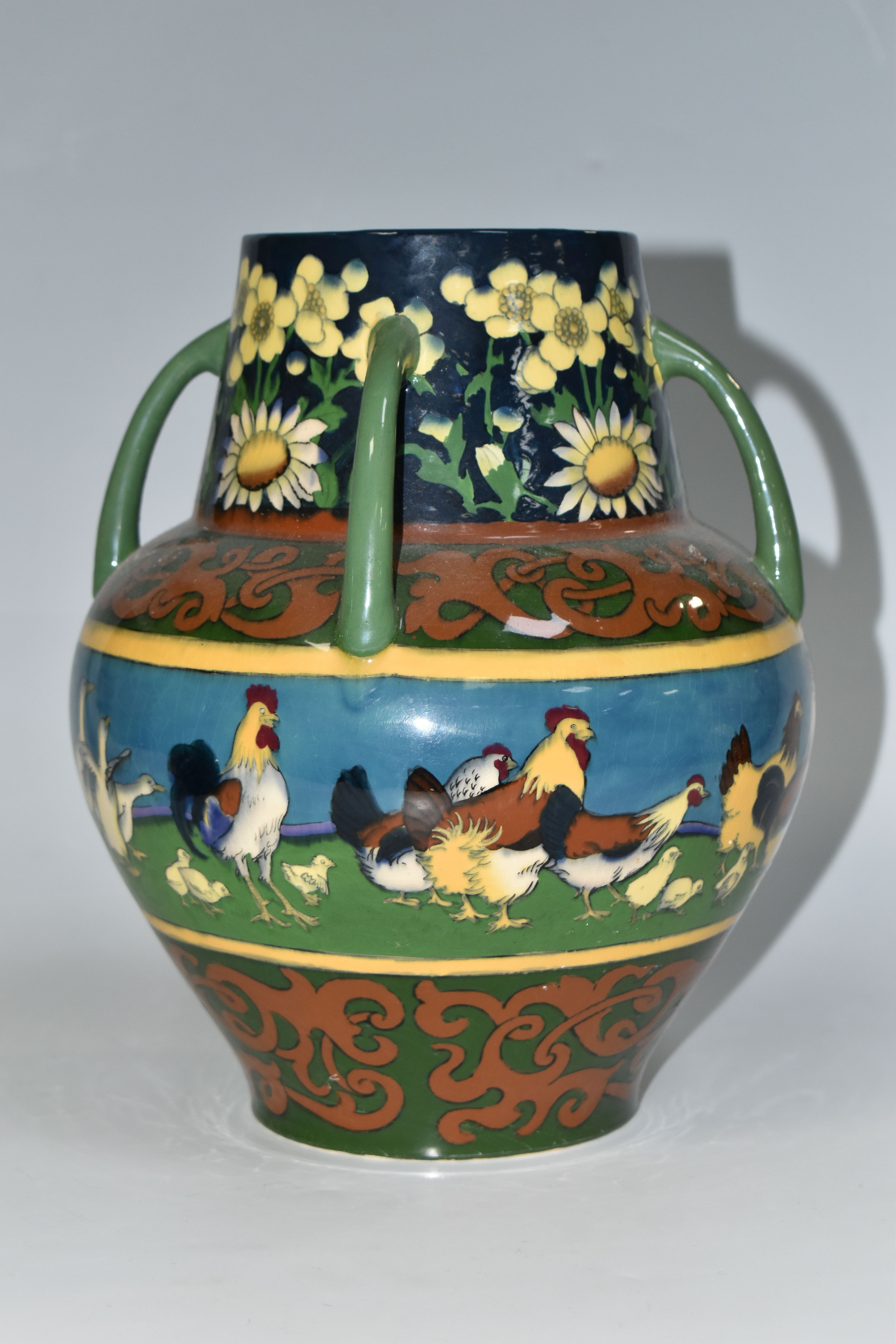 A WILEMAN & CO FOLEY INTARSIO 'POULTRY' PATTERN FOUR HANDLED VASE, model 3279, decorated with a band - Image 3 of 6