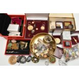 A BOX OF ASSORTED ITEMS, to include a red jewellery box with contents of costume jewellery, stick