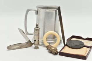 A SMALL ASSORTMENT OF ITEMS, to include a silver pocket knife, hallmarked 'Bishton's Ltd' Birmingham