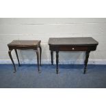 A GEORGIAN MAHOGANY FOLD OVER TEA TABLE, single frieze drawer, on turned legs, width 100cm x depth