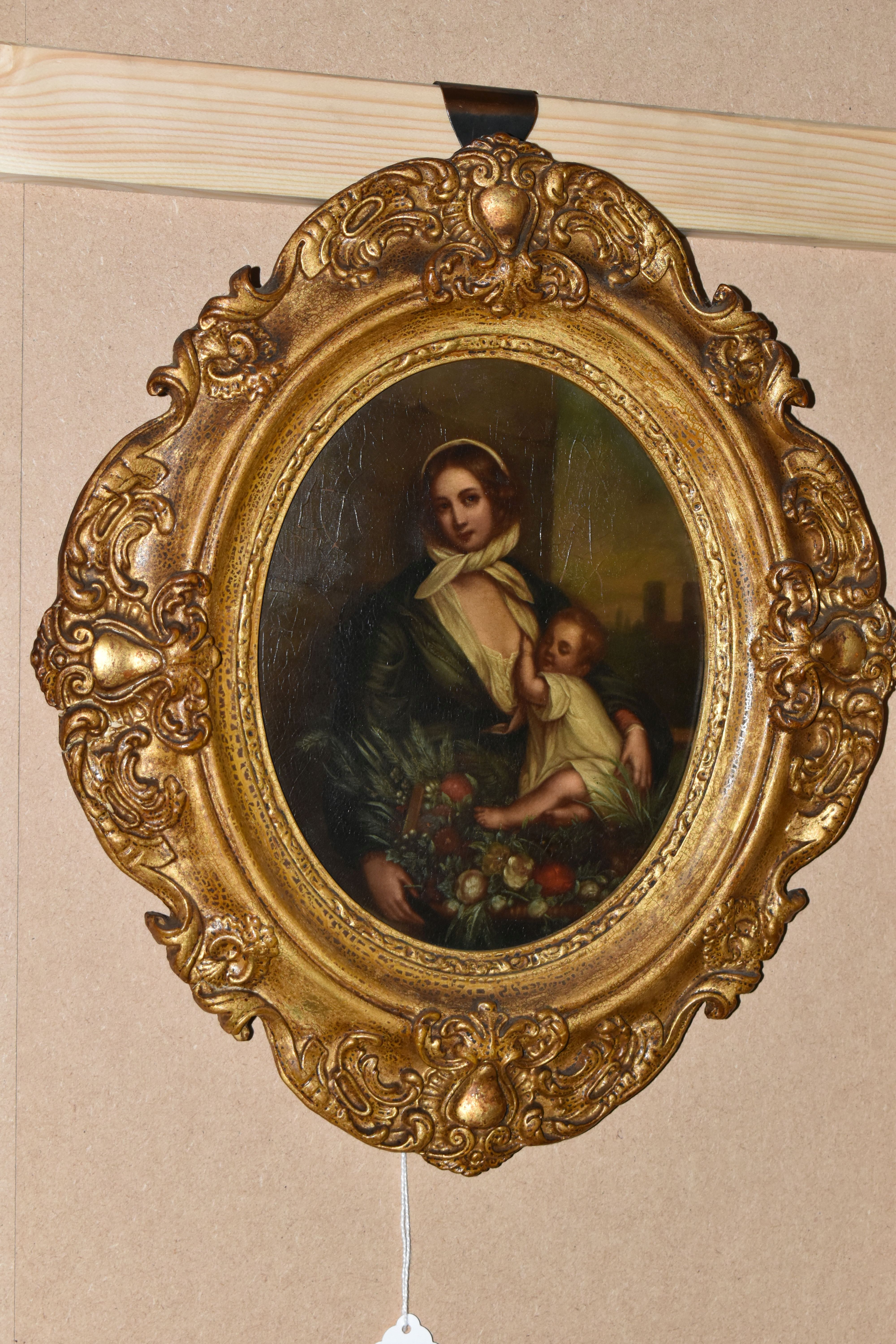 A 19TH CENTURY ENGLISH SCHOOL PORTRAIT OF MOTHER AND CHILD, the mother is depicted as a flower