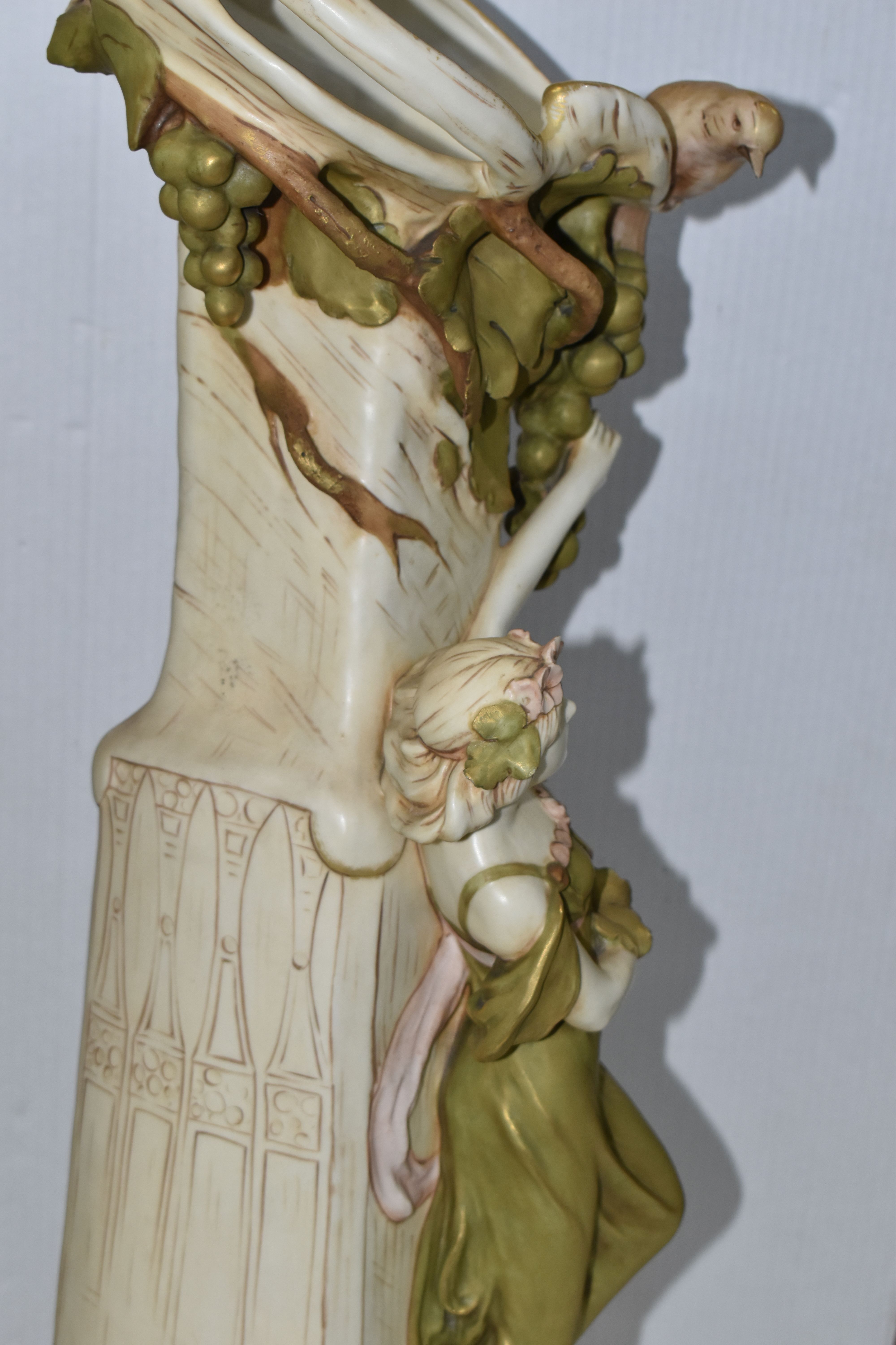 A PAIR OF ROYAL DUX ART NOUVEAU FIGURAL VASES, each modelled with a scrolling neck with fruiting - Image 12 of 21