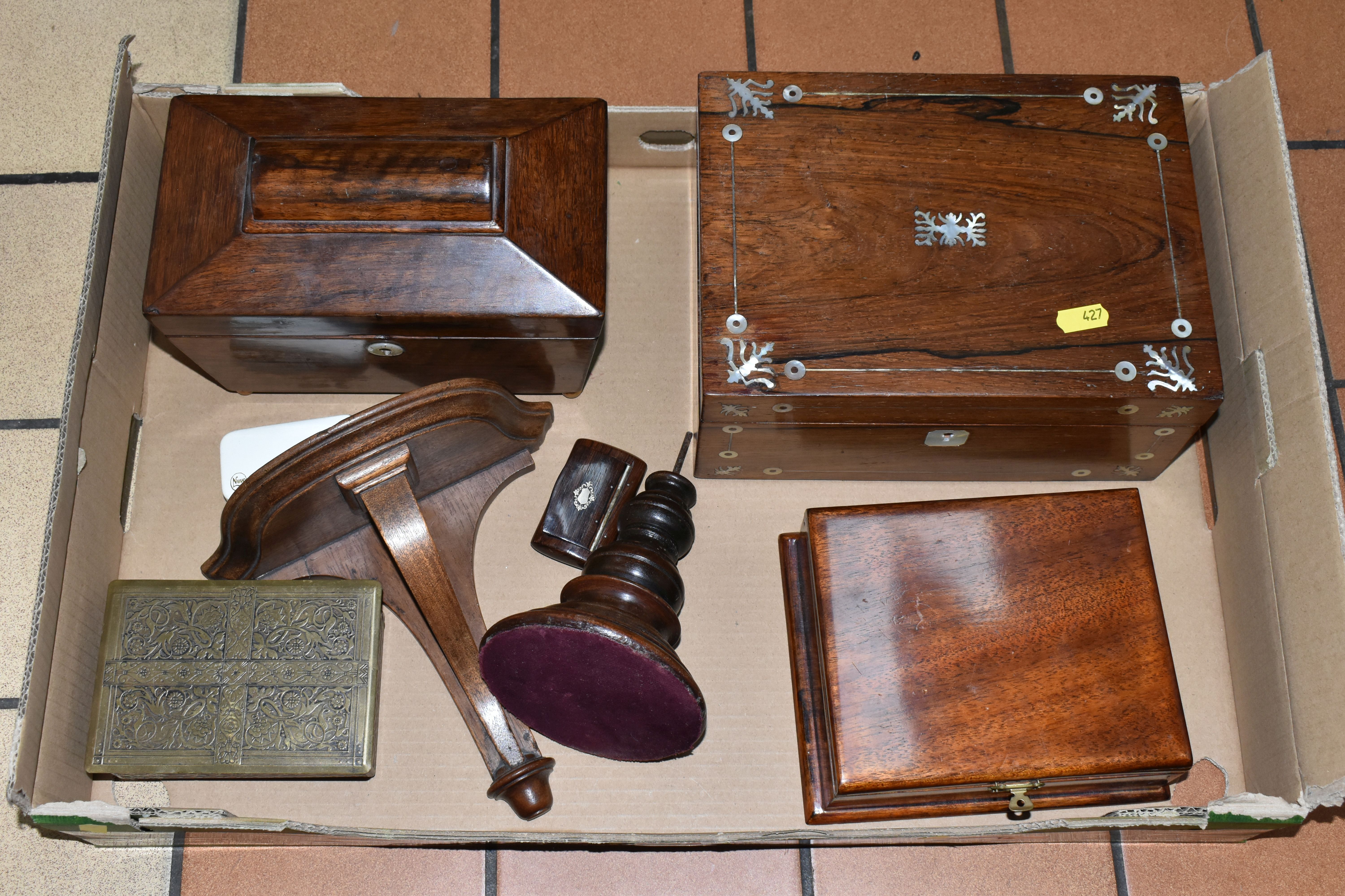 ONE BOX OF WOODEN BOXES, A REGENCY PERIOD TEA CADDY IN SARCOPHOGUS STYLE, AND SEWING BOXES, ETC,