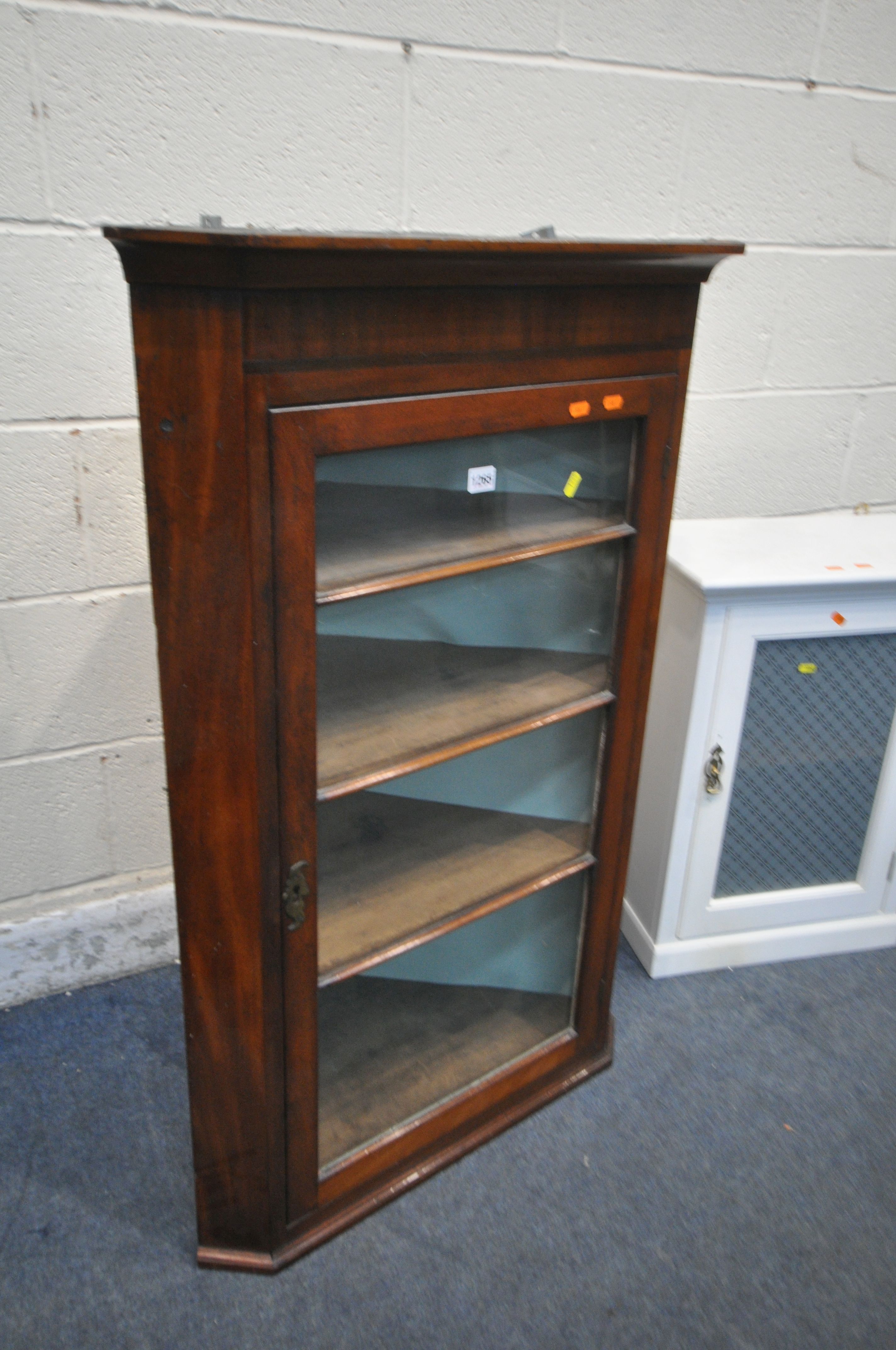 A GEORGIAN MAHOGANY GLAZED SINGLE DOOR CORNER CUPBOARD, and a painted single door unit (condition - Image 3 of 3