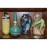 A GROUP OF FOUR VASES, comprising a Thomas Forrester Trogon Ware vase tube lined with an exotic bird