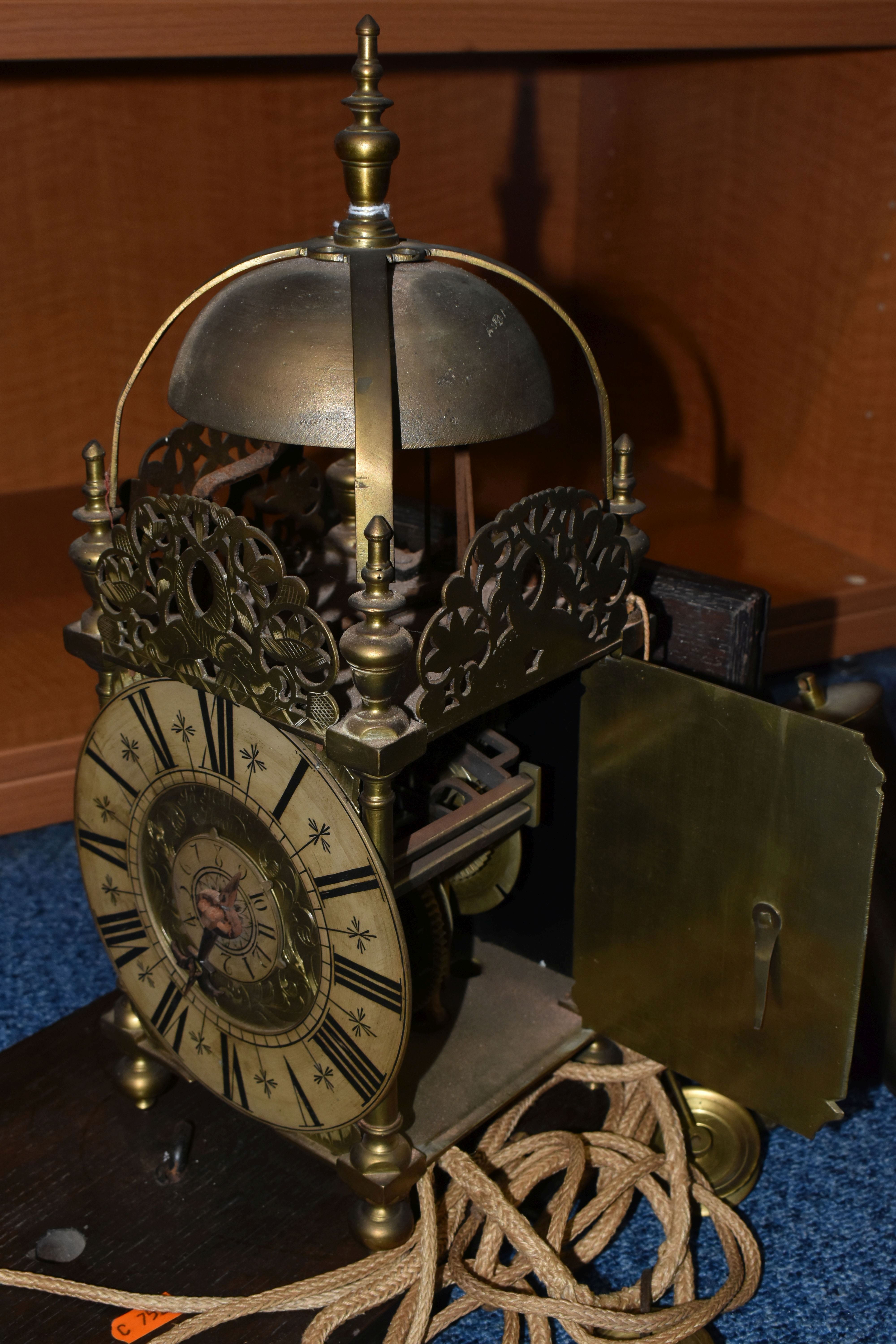 A 17TH CENTURY STYLE BRASS LANTERN CLOCK, four posted case with side doors and side frets, - Image 6 of 11