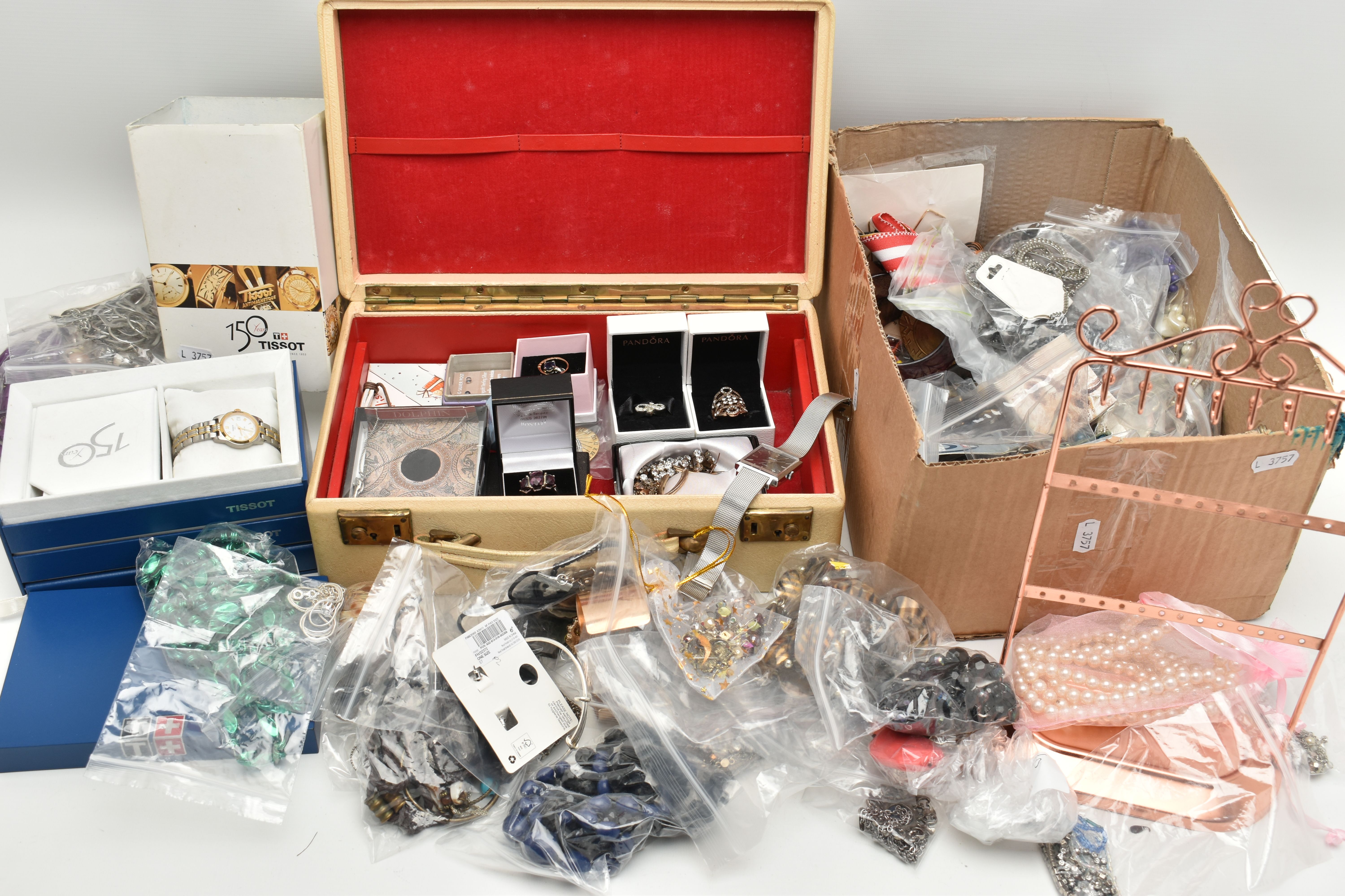 A BOX OF ASSORTED COSTUME JEWELLERY, to include a cream jewellery box with contents, to include