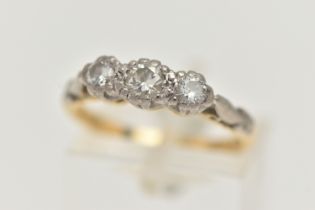 A THREE STONE DIAMOND RING, designed as three graduated brilliant cut diamonds, estimated total