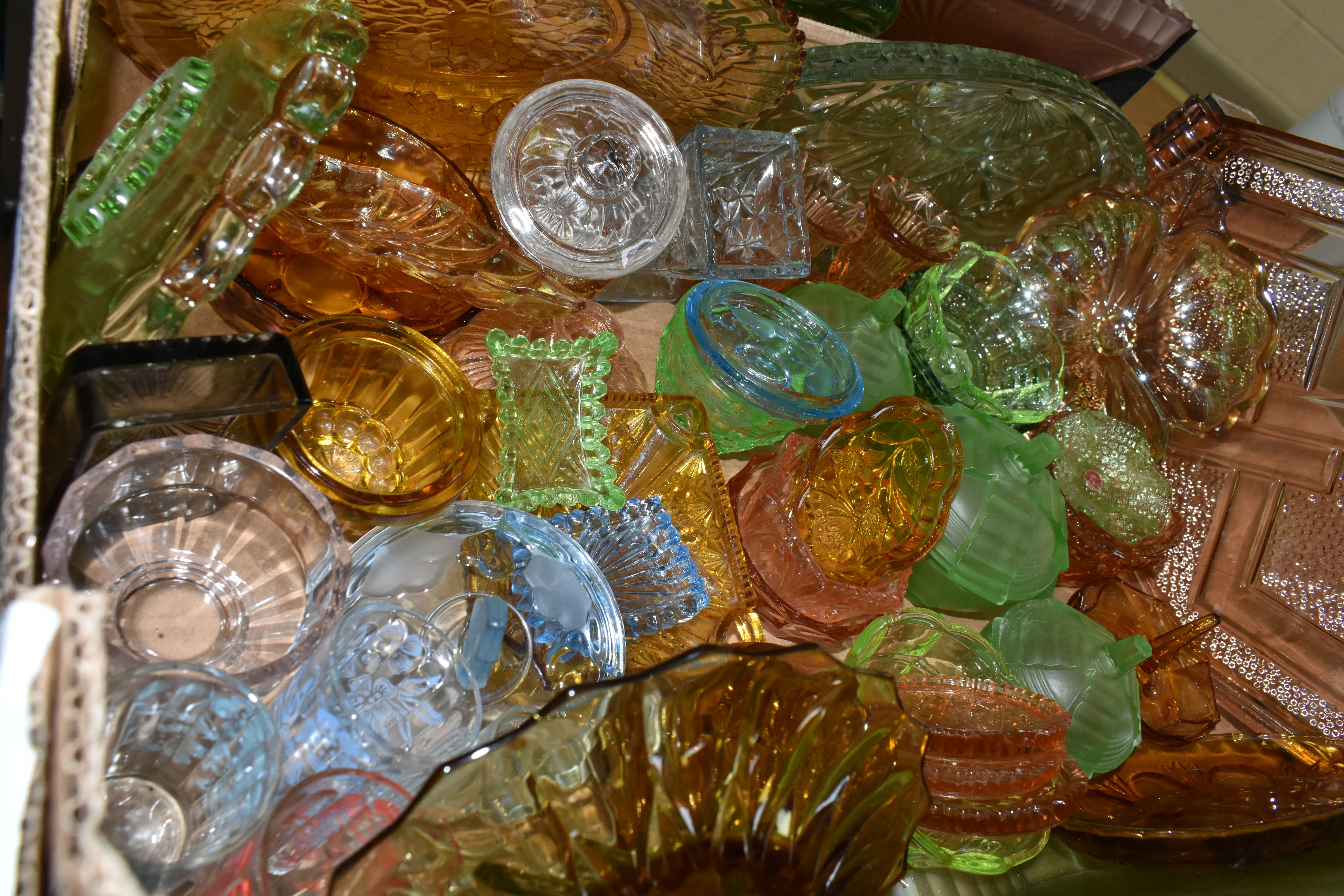 SEVEN BOXES OF PRESSED AND CUT GLASS INCLUDING A VARIETY OF COLOURED DRESSING TABLE SETS, FRENCH - Image 2 of 9