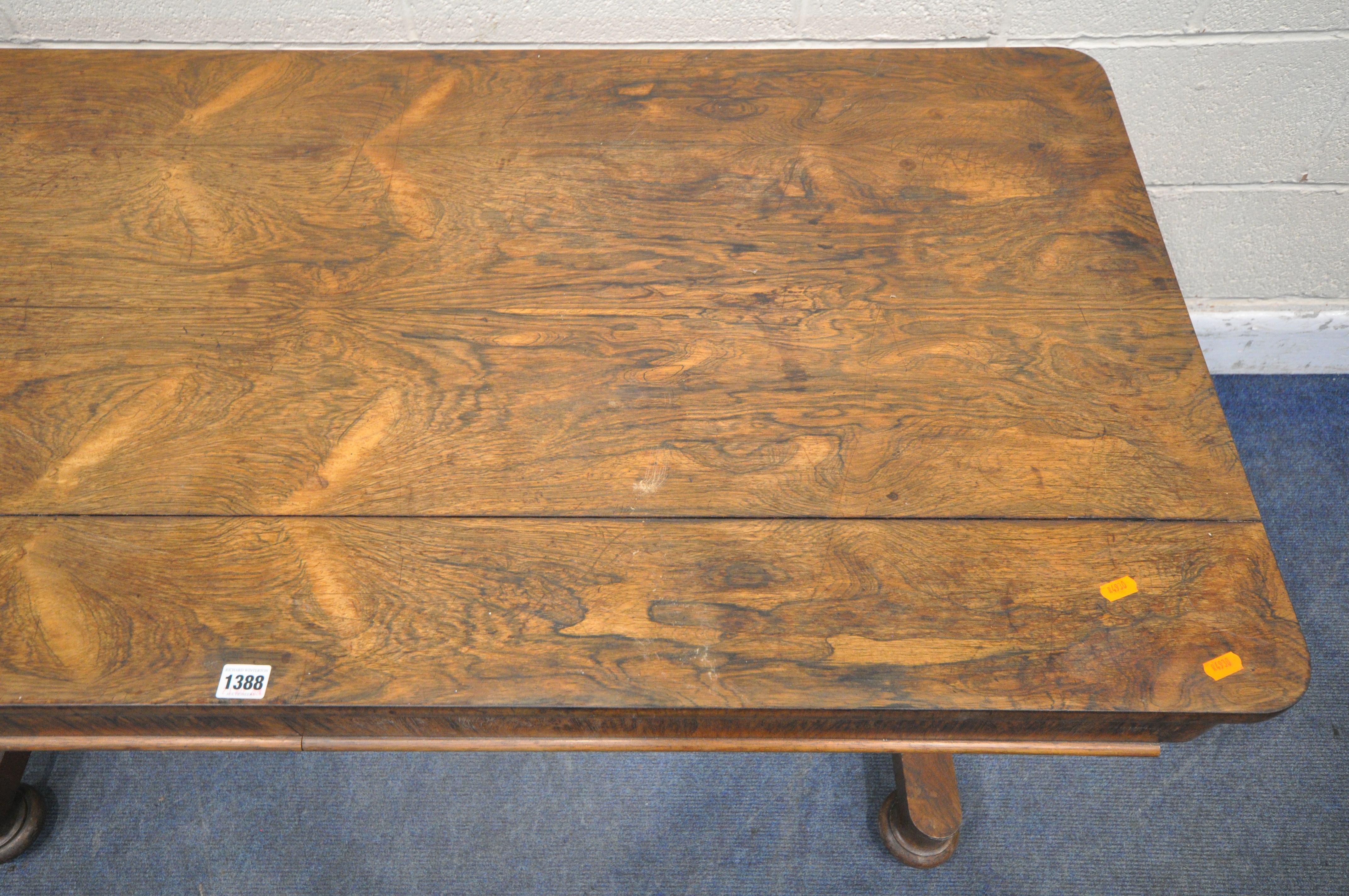 A WILLIAM IV ROSEWOOD LIBRARY TABLE, with two drawers, on twin cylindrical tapered legs, on flat bun - Image 2 of 5