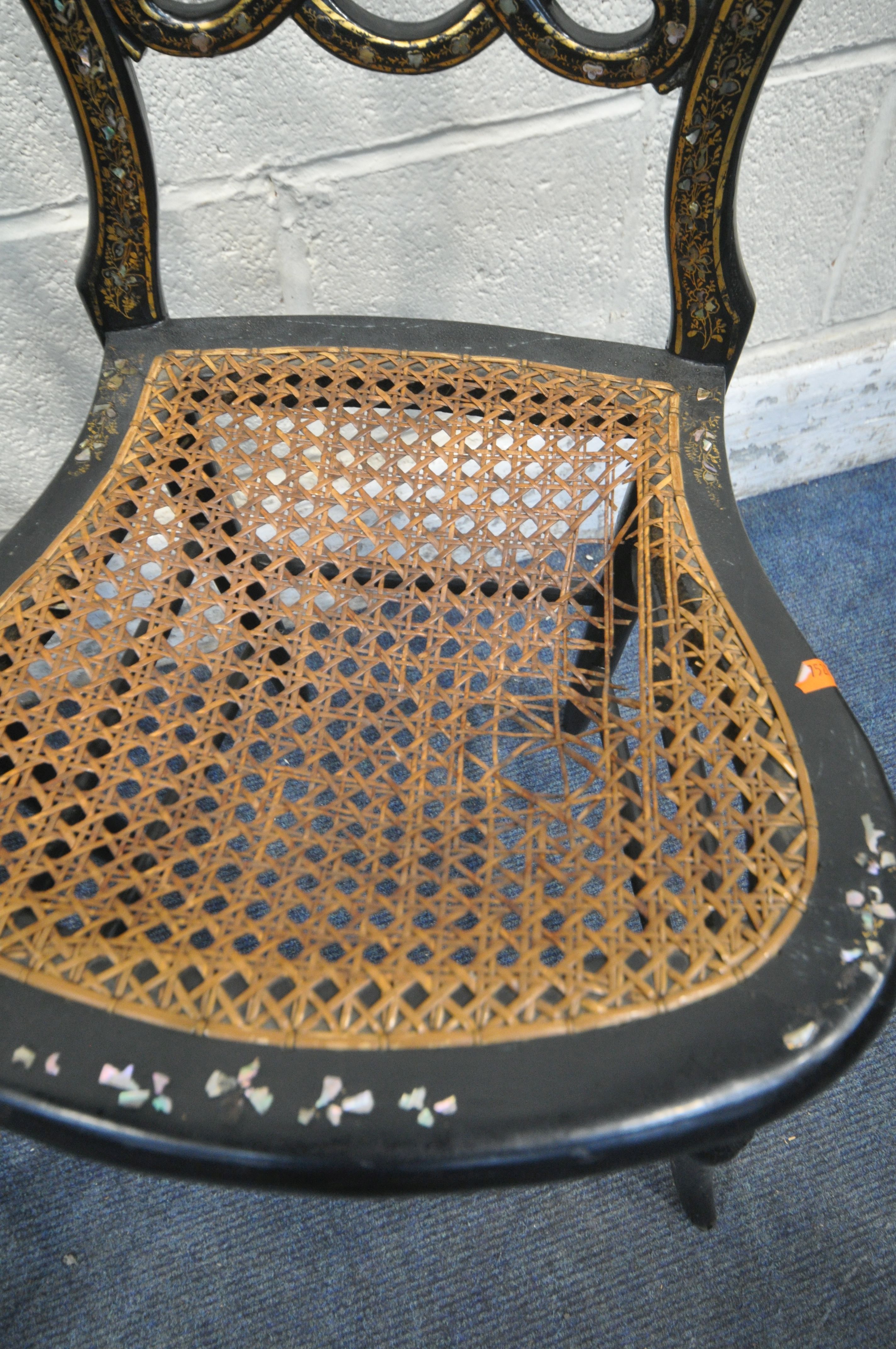 A SET OF FOUR VICTORIAN EBONISED AND MOTHER OF PEARL CHAIRS (condition report: bergère seat torn - Image 4 of 4