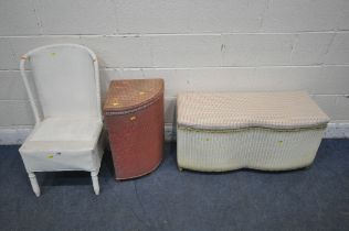 A WHITE PAINTED WICKER CHAIR, a pink painted Belvoir corner linen basket, along with a white painted