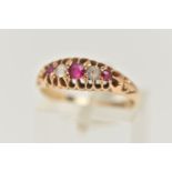 AN 18CT GOLD GEM SET BOAT RING, set with three circular cut rubies, interspaced with two circular