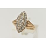 A 9CT GOLD DRESS RING, the marquise shape panel set with two tiers of circular cubic zirconia, 9ct