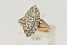 A 9CT GOLD DRESS RING, the marquise shape panel set with two tiers of circular cubic zirconia, 9ct