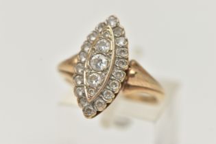 A 9CT GOLD DRESS RING, the marquise shape panel set with two tiers of circular cubic zirconia, 9ct