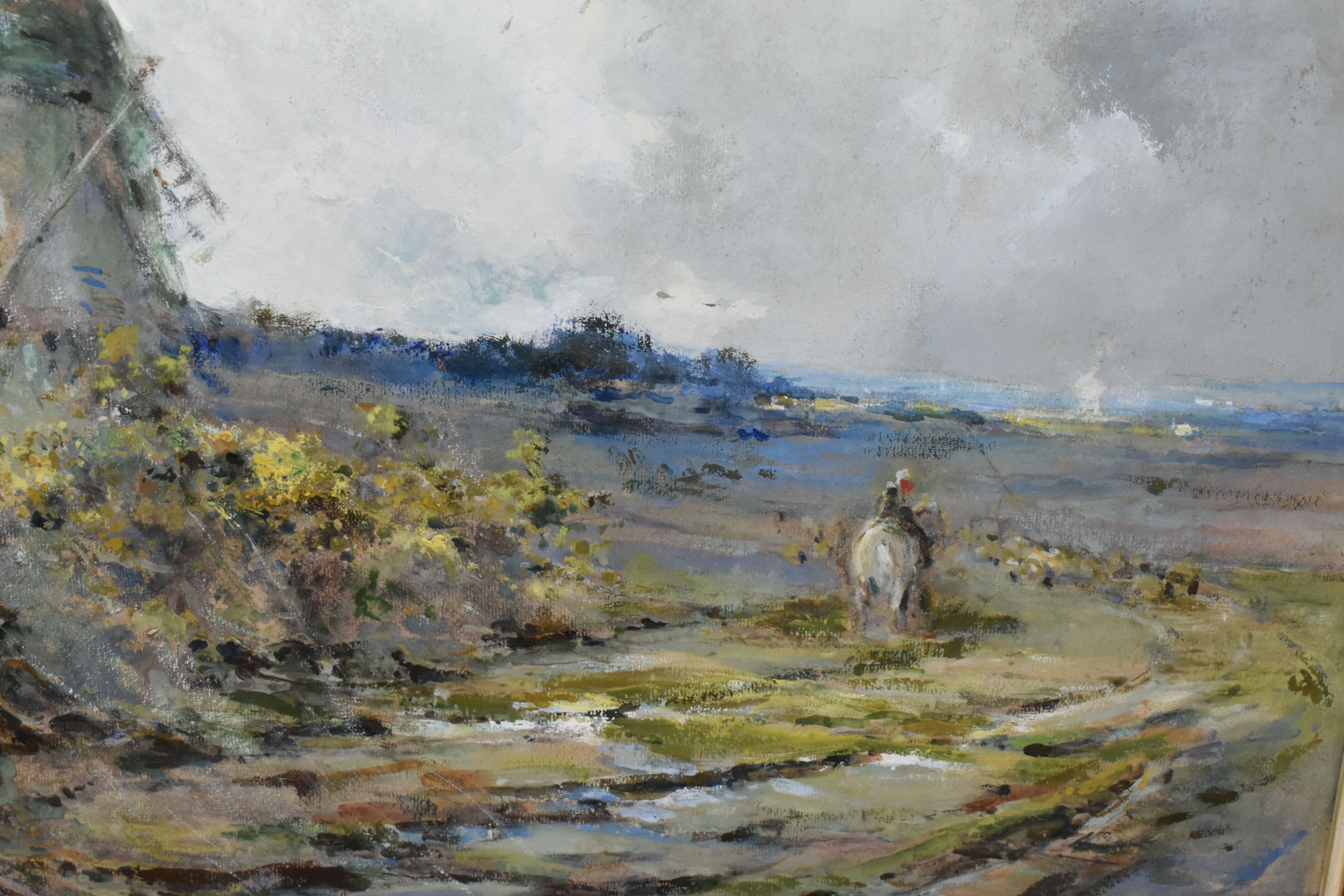 AN EARLY 20TH CENTURY LANDSCAPE WITH WINDMILL, a figure on horseback pass by a windmill in an - Bild 3 aus 4