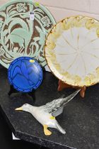 A COLLECTION OF CERAMIC ORNAMENTS including a 'Burleigh' green plate featuring a deer and fawn