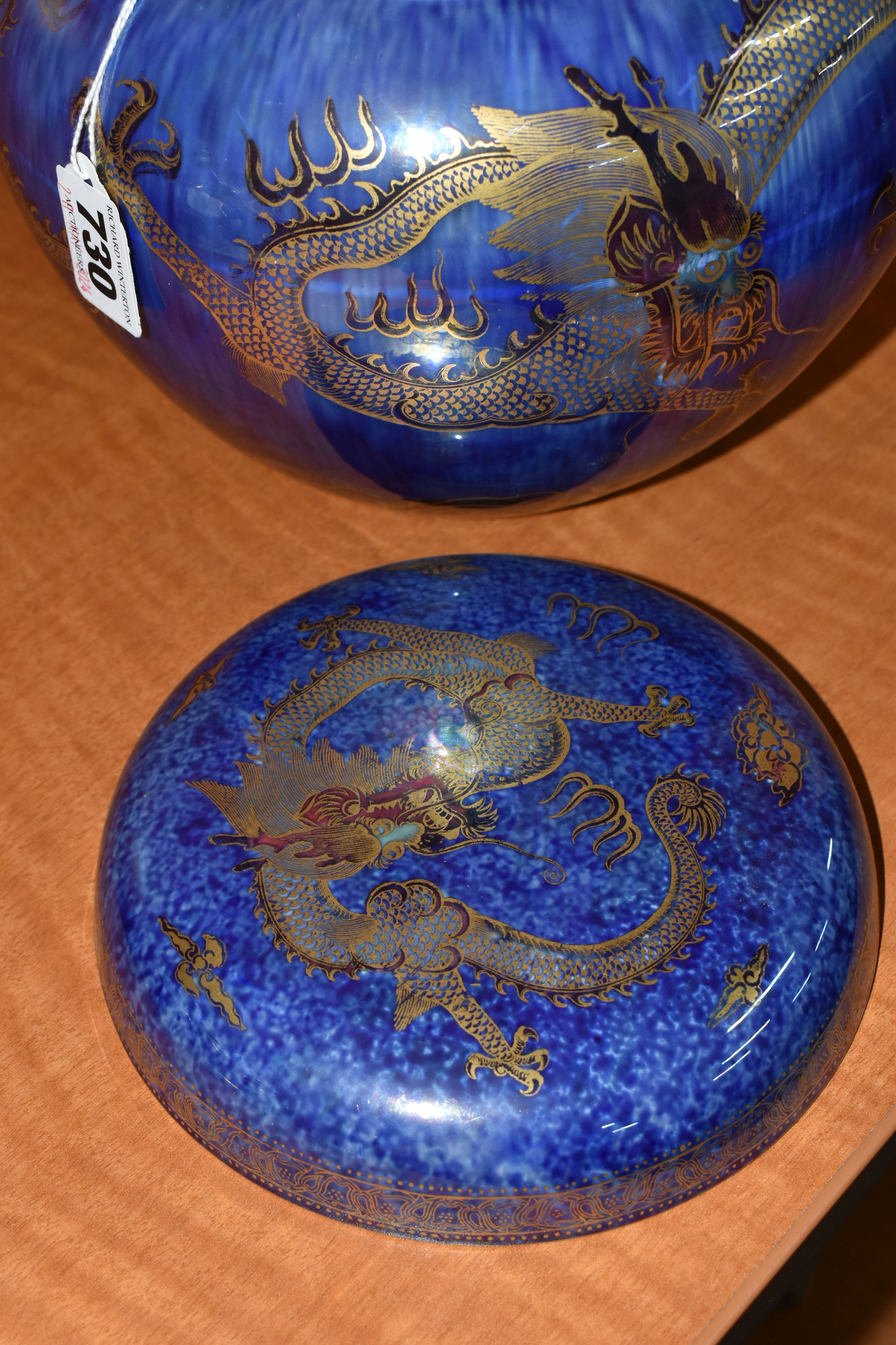A WEDGWOOD DRAGON LUSTRE GINGER JAR AND COVER, pattern Z4829, the exterior with mottled blue - Image 4 of 9