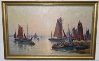 EUGENE DEMESTEN (1914-1984) RETURN TO HARBOUR, a nostalgic French harbour scene depicting boats