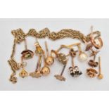 AN ASSORTMENT OF YELLOW METAL EARRINGS, assorted stud earrings and a broken chain, some stamped 375,