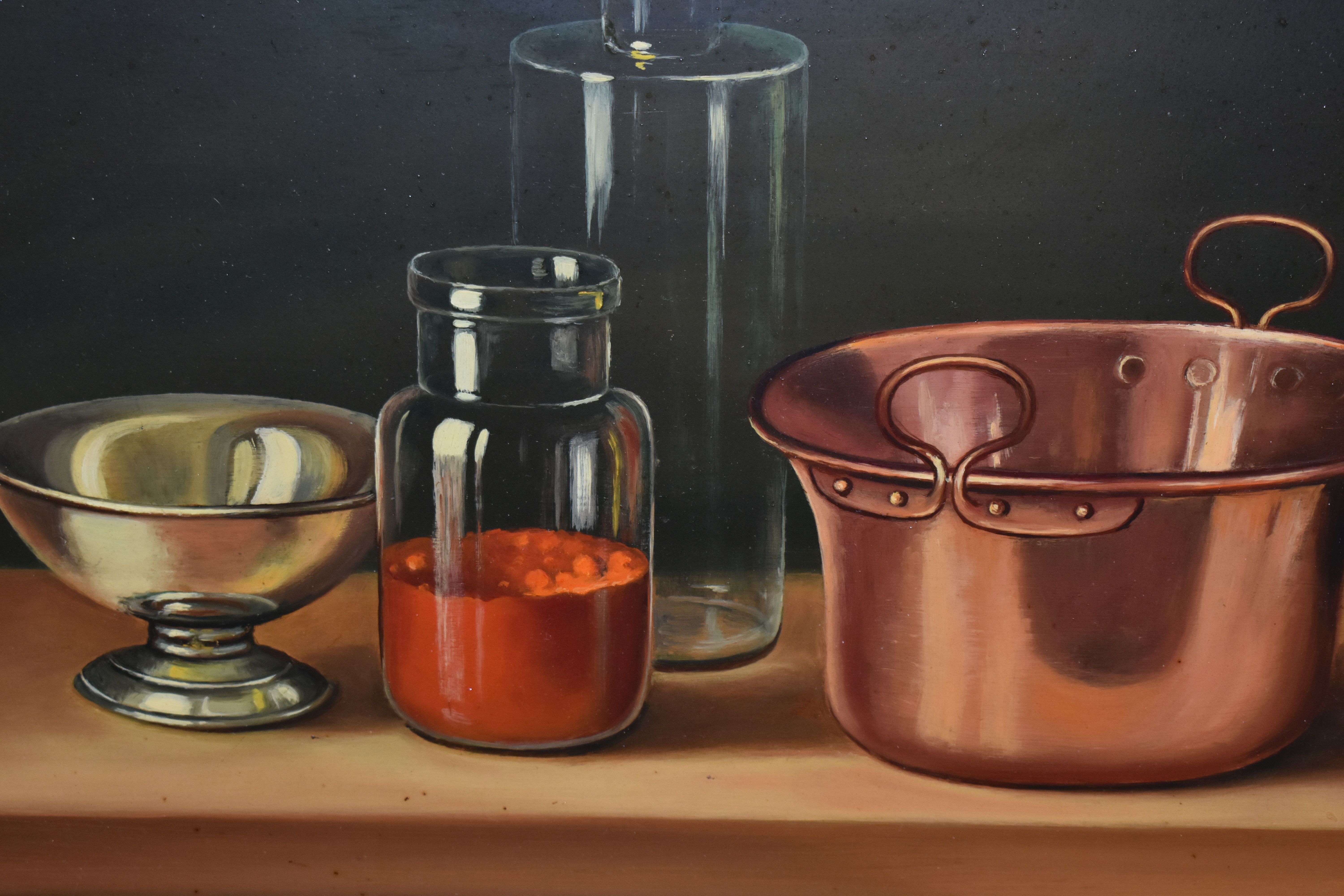 TWO MODERN STILL LIFE STUDIES, the first in the style of Andras Gombar depicts a copper mixing bowl, - Bild 3 aus 8