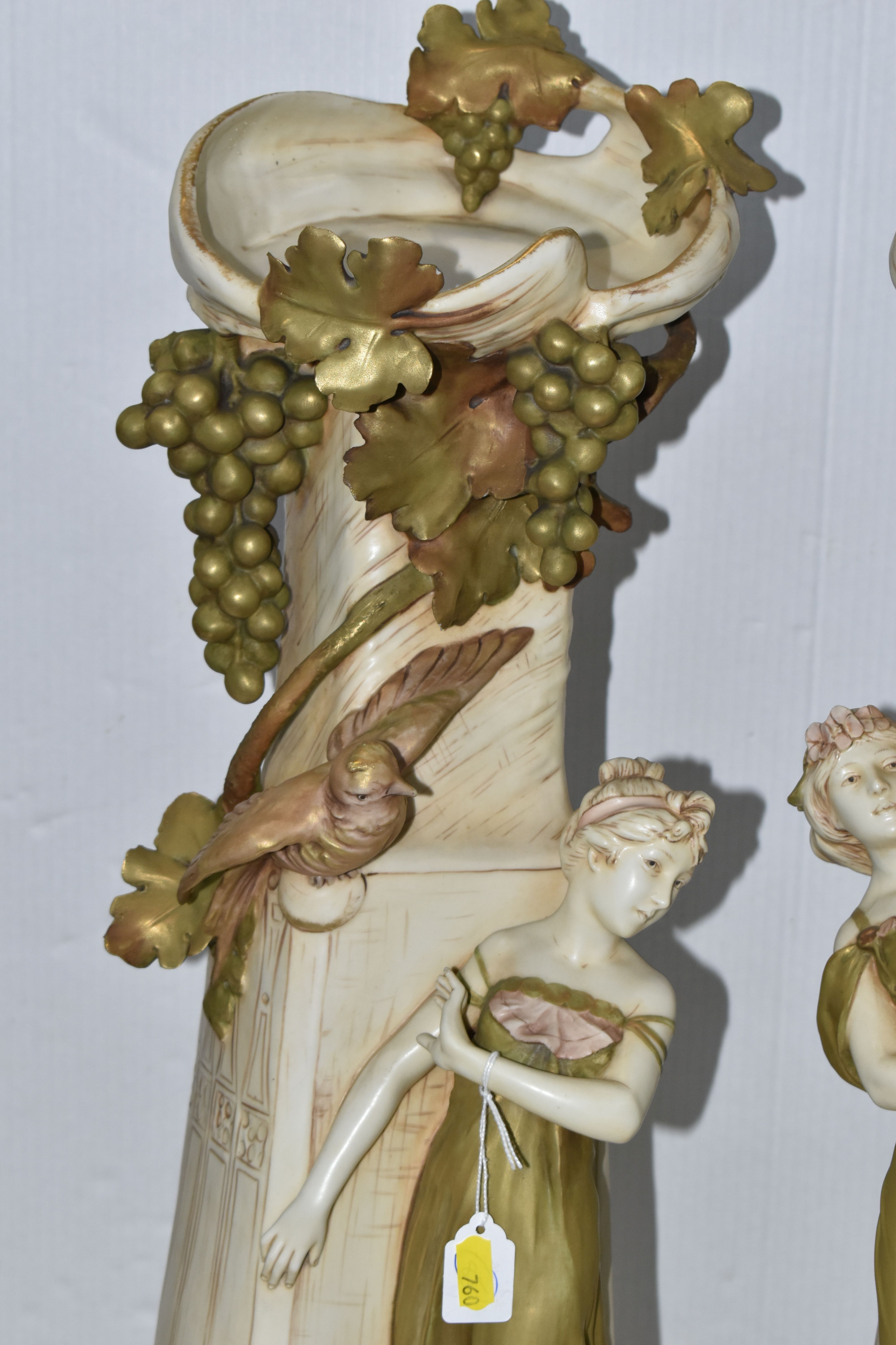 A PAIR OF ROYAL DUX ART NOUVEAU FIGURAL VASES, each modelled with a scrolling neck with fruiting - Image 2 of 21