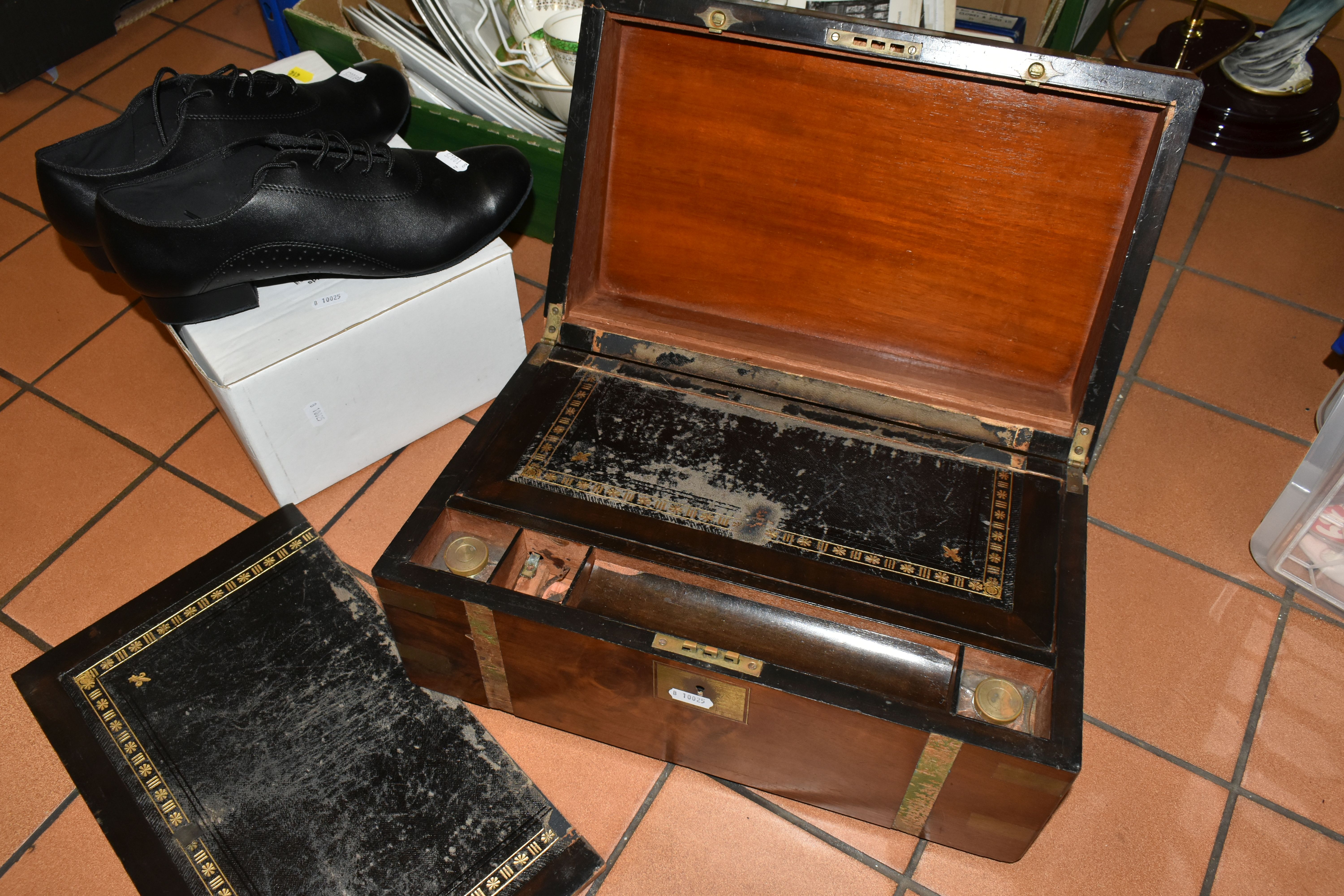 TWO BOXES AND LOOSE EPHEMERA, DINNERWARE, AND GLASSWARE, including a late Victorian writing slope - Image 10 of 10