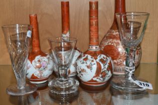 FOUR JAPANESE PORCELAIN VASES AND THREE LATE GEORGIAN/NINETEENTH CENTURY DRINKING GLASSES, the