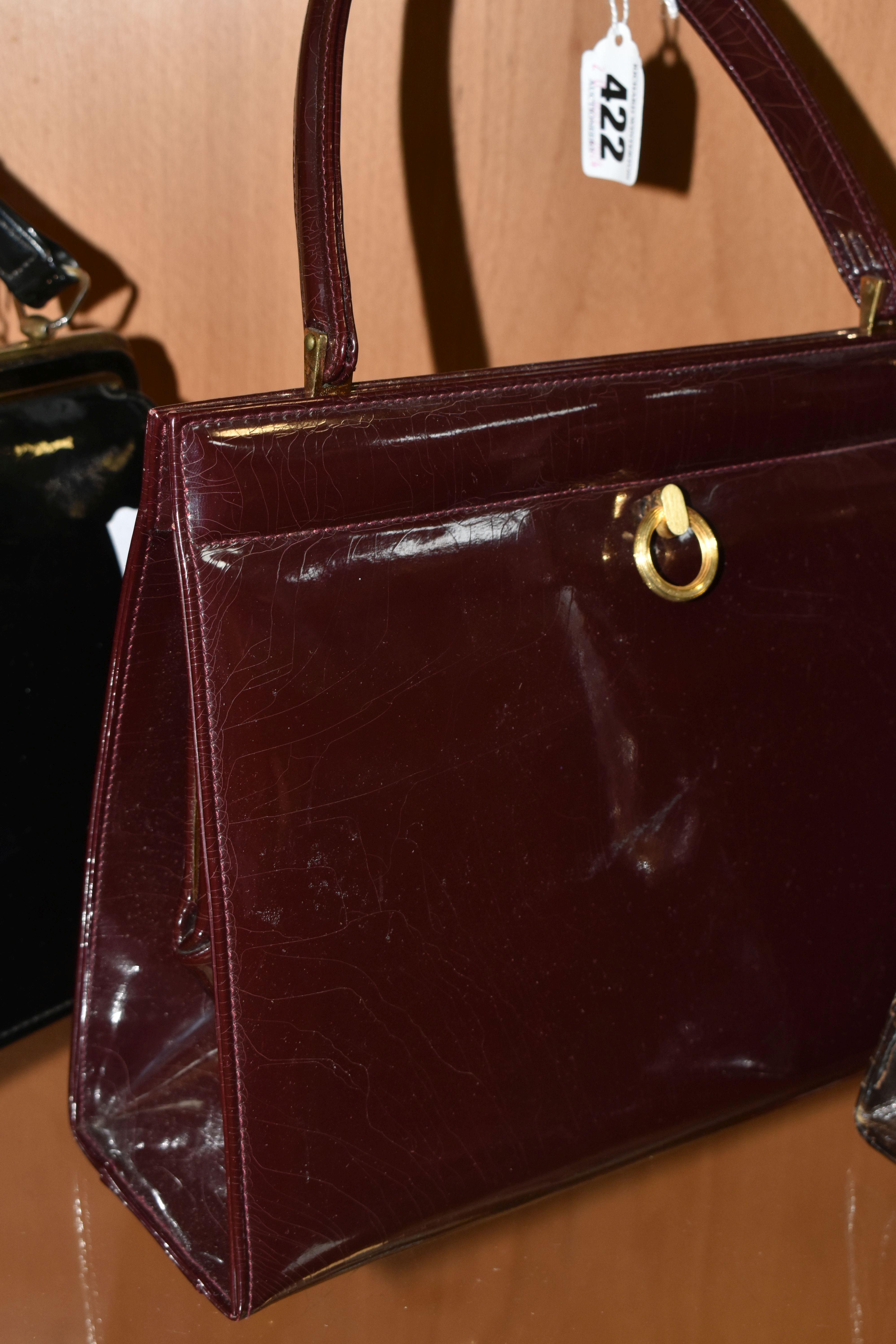 THREE LADIES' VINTAGE HANDBAGS, comprising a brown French faux Croc bag, a claret patent leather - Image 3 of 12